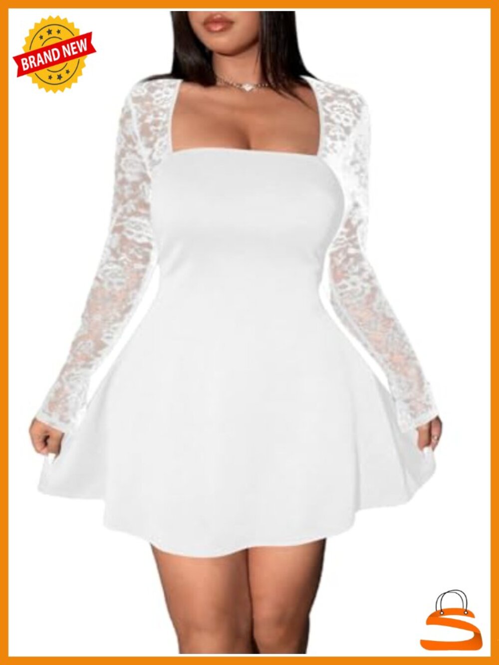 Plus Size Lace Sheer Long Sleeve Square Neck Mini Dress